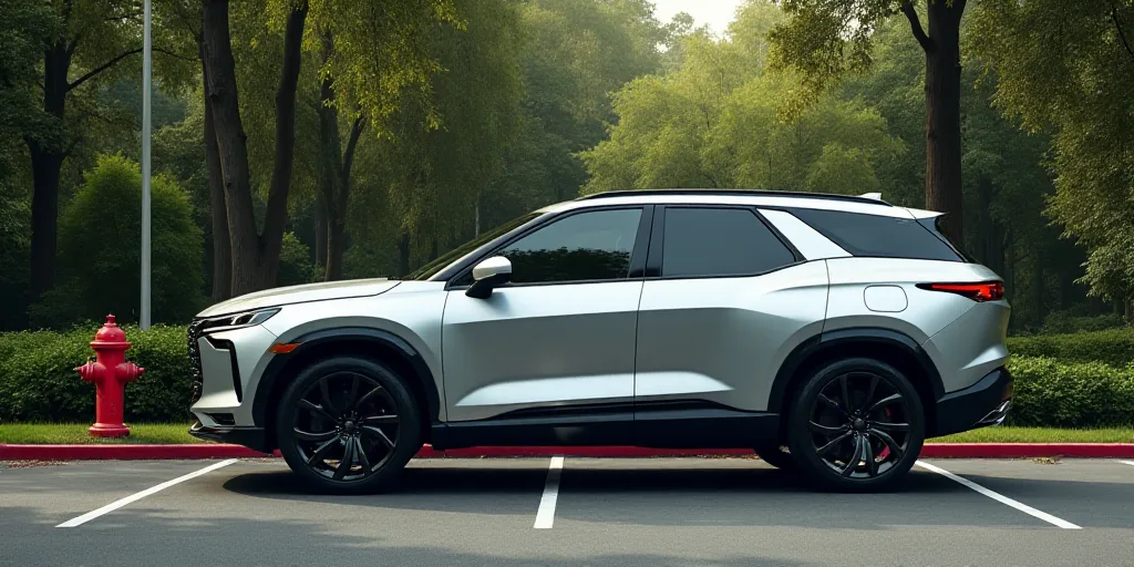 a silver suv parked in a parking lot next to a forest of trees and bushes with a red fire hydrant, D