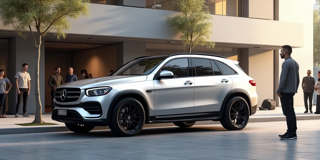 a silver suv parked in front of a building with people standing around it and a man standing next to
