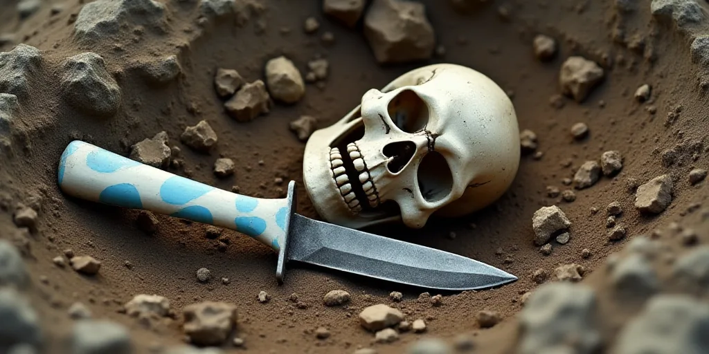 a skeleton and a knife laying on the ground in dirt with rocks and dirt around it and a blue and whi