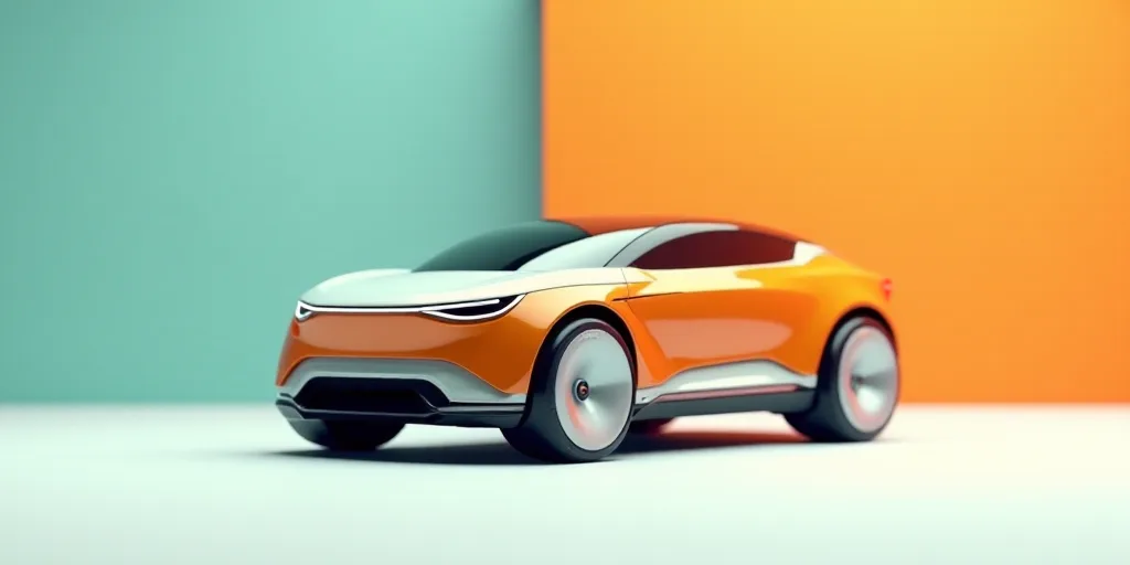 a small orange and white car on a white background with a blue and orange background behind it and a