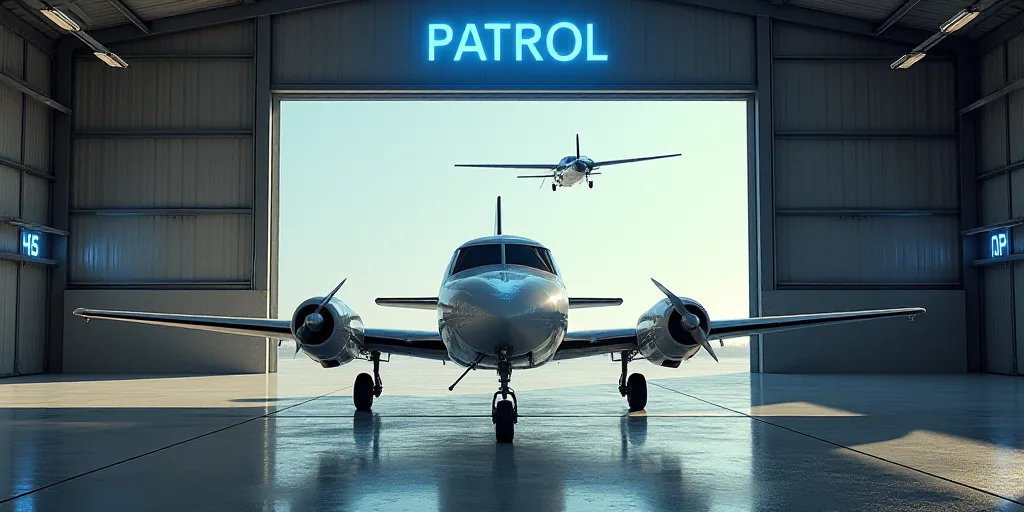 a small plane parked in a hangar with a blue sign above it that says patrol flying above it is a sma