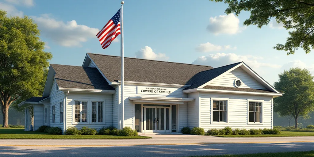 a small white building with a flag on the front of it and a sign in front of it that says one hundre