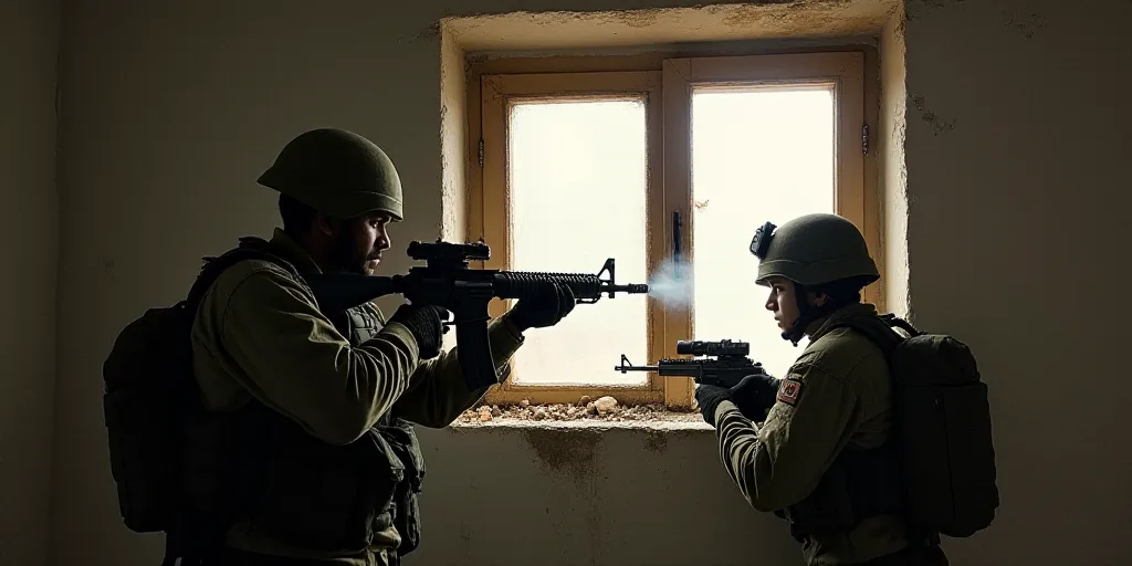 a soldier is looking through a window while another soldier is holding a gun and aiming a gun at som