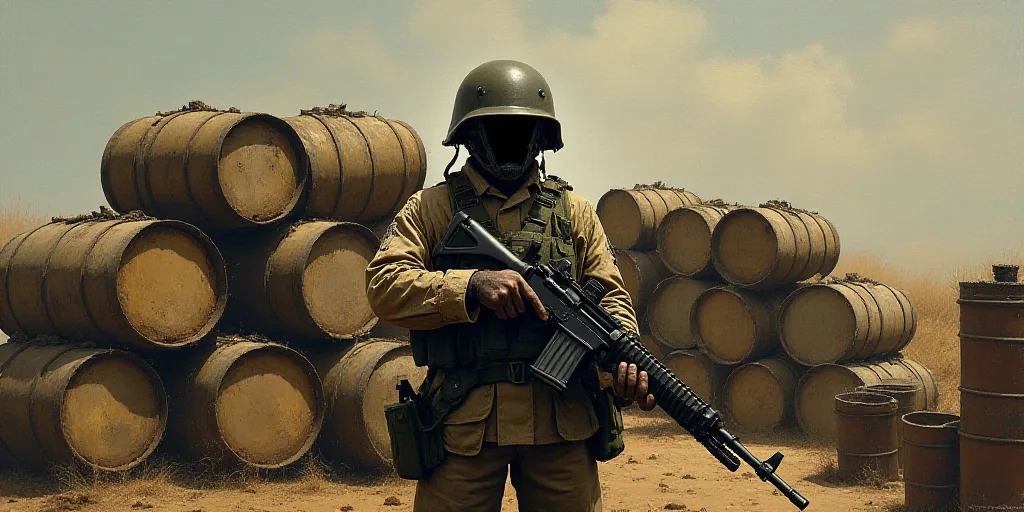a soldier standing in front of a bunch of barrels with a gun in his hand and a gun in his other hand