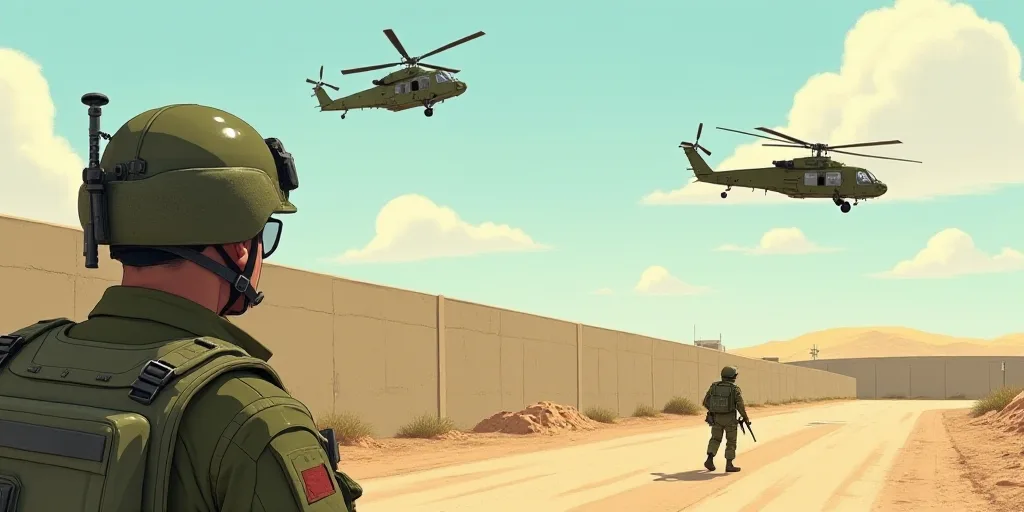 a soldier watches as two helicopters fly overhead in the sky above a wall and a wall barrier with a