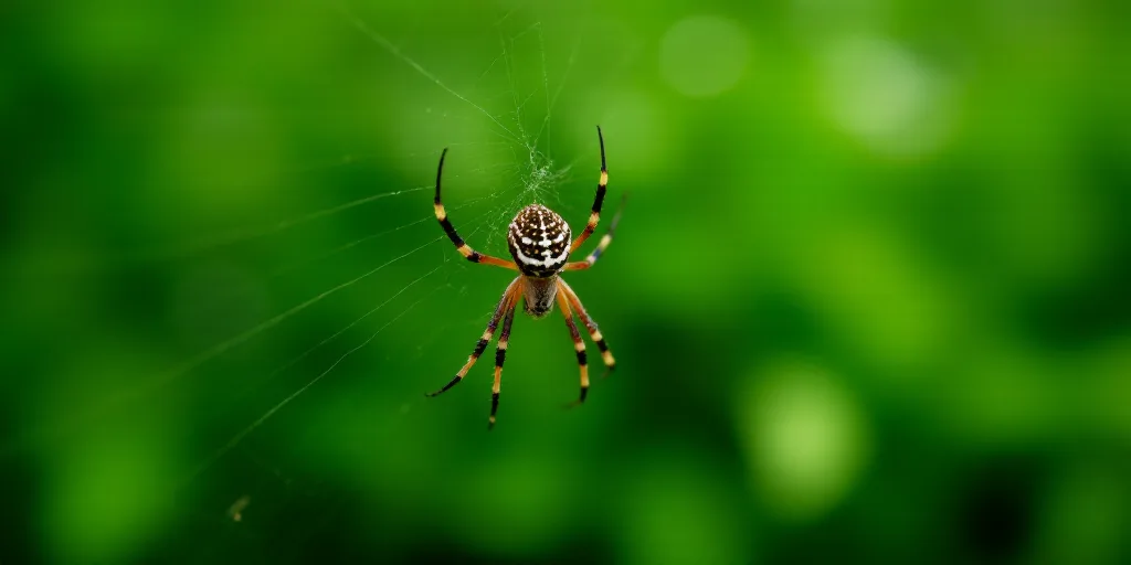 a spider is sitting in a web on a green background with leaves in the background and a blurry backgr