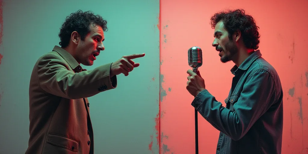 a split photo of a man pointing at a microphone and a picture of a man pointing at a microphone, Car