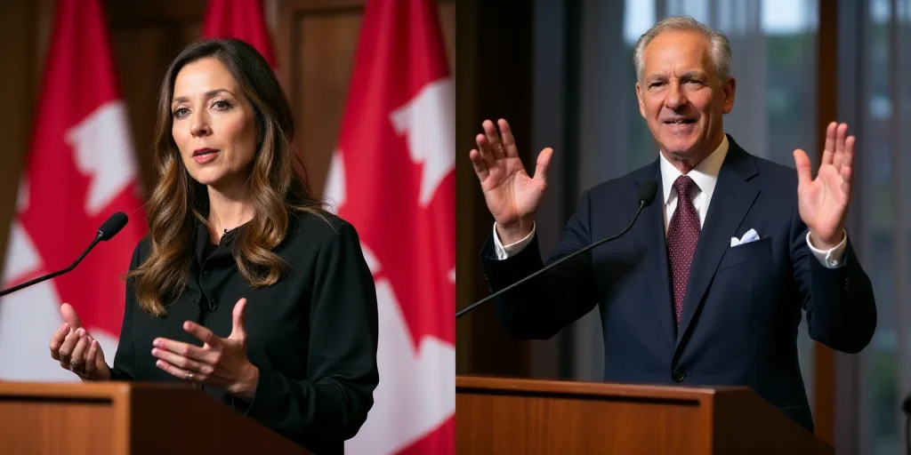 a split photo of a woman and a man speaking at a podium with canadian flags in the background and a