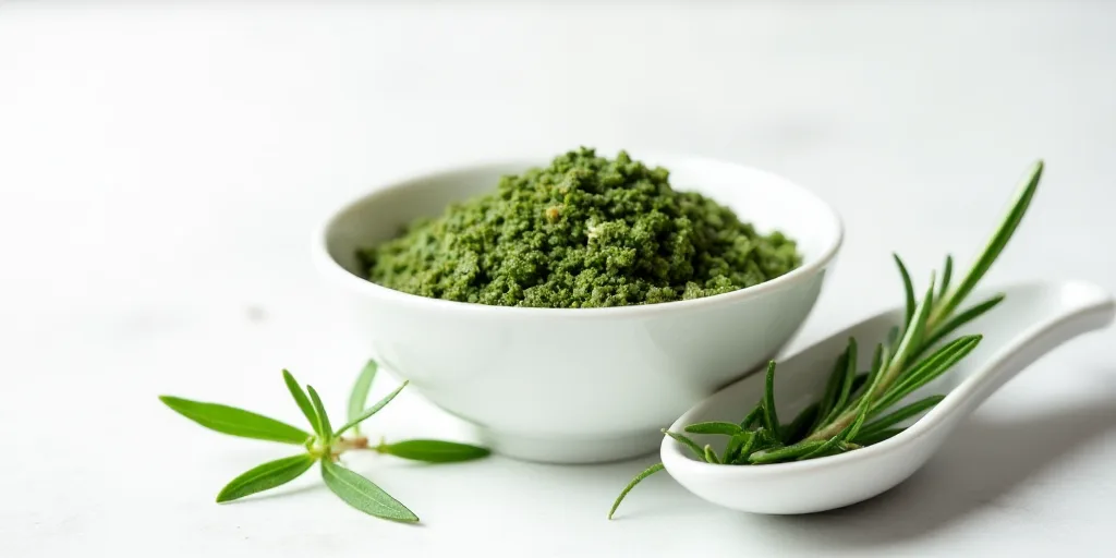 a spoon and a bowl of herbs on a table top with a white background and a white spoon with a green sp