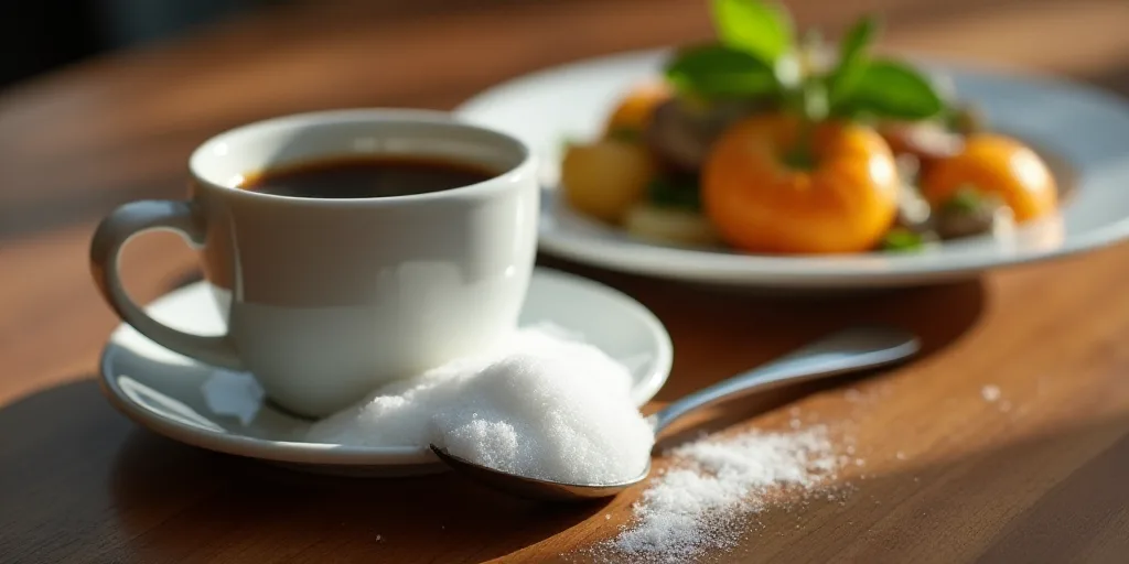 a spoon with sugar in it on a table next to a cup of coffee and a plate of food, Dorothy Coke, hi -