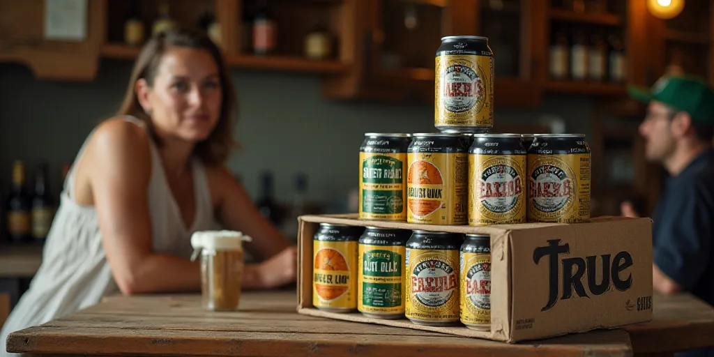 a stack of cans of beer sitting on top of a table next to boxes of beer and a woman, Allen Tupper Tr