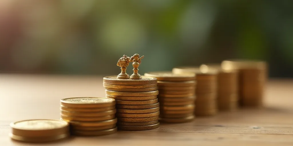 a stack of coins with two figurines on top of it and a row of coins in the background, An Zhengwen,