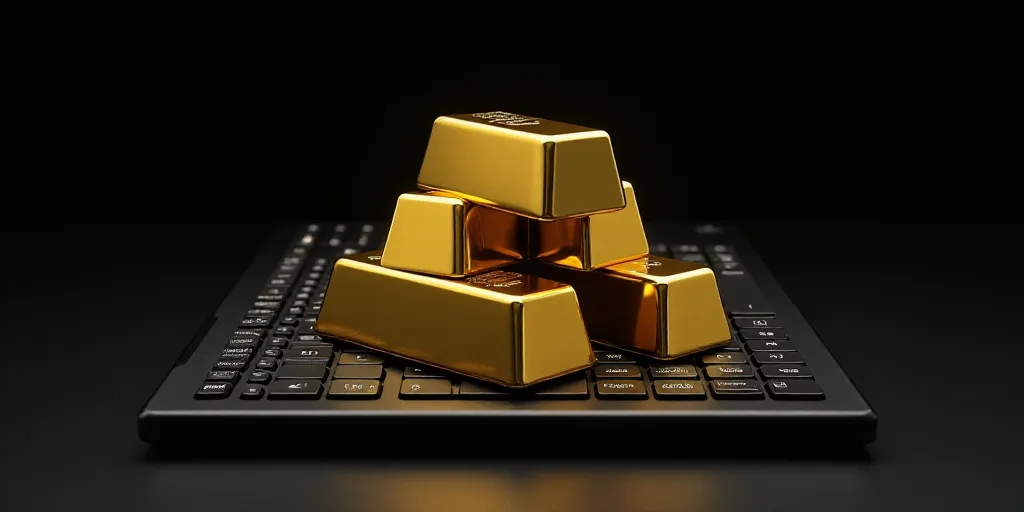 a stack of gold bars sitting on top of a keyboard keyboard, with a black background and a gold bar o
