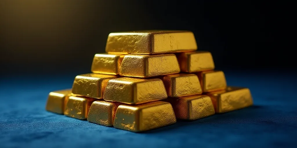 a stack of gold bars sitting on top of each other on a table top with a blue cloth underneath, Const