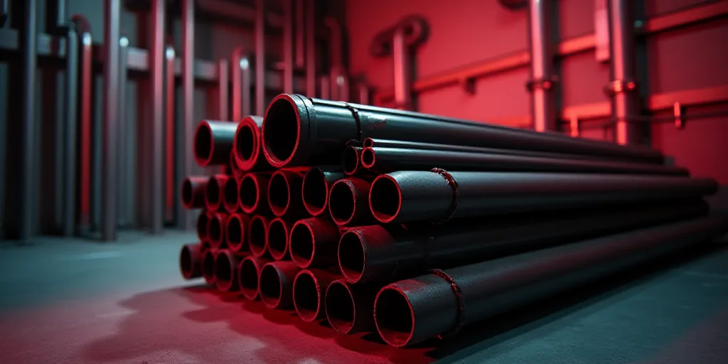 a stack of pipes are stacked up in a room with a wall of pipes in the background and a red filter, A