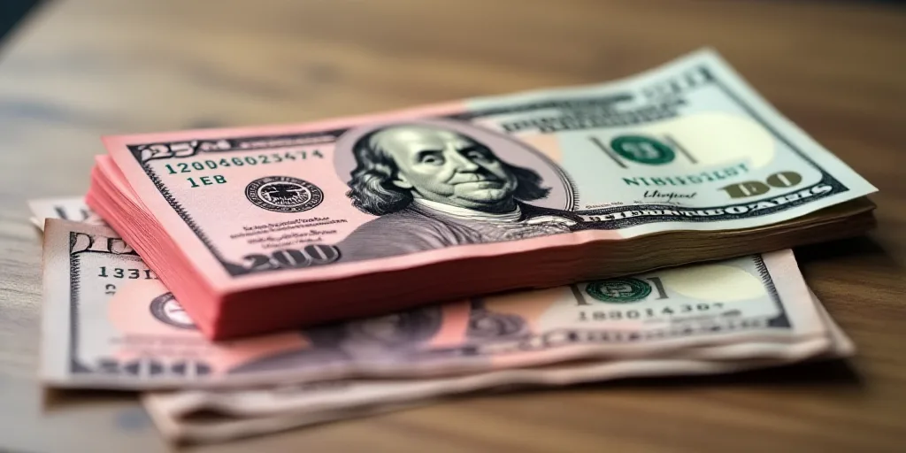 a stack of twenty dollar bills with a red one on top of it and a red one on the bottom, Benjamin Fra
