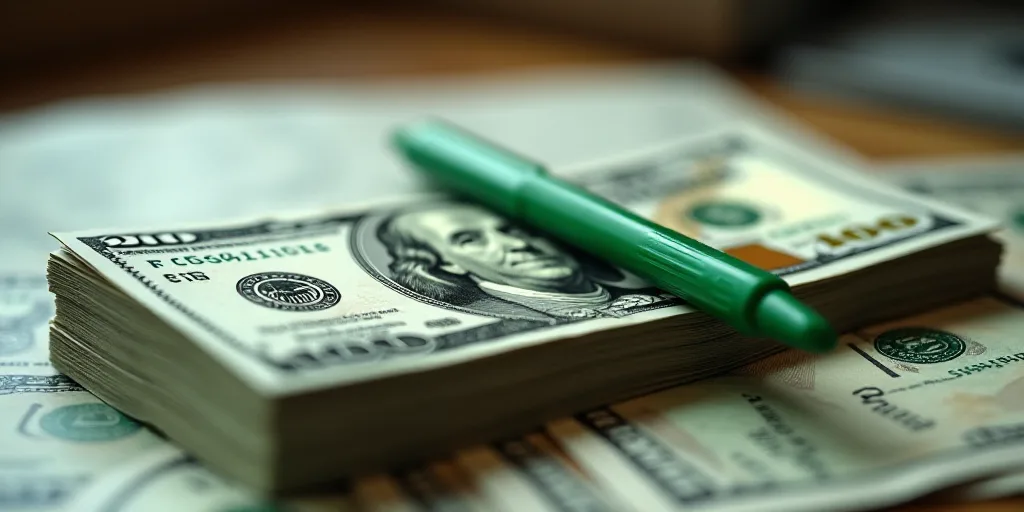 a stack of twenty dollar bills sitting on top of each other on a table with a green marker on it, Be