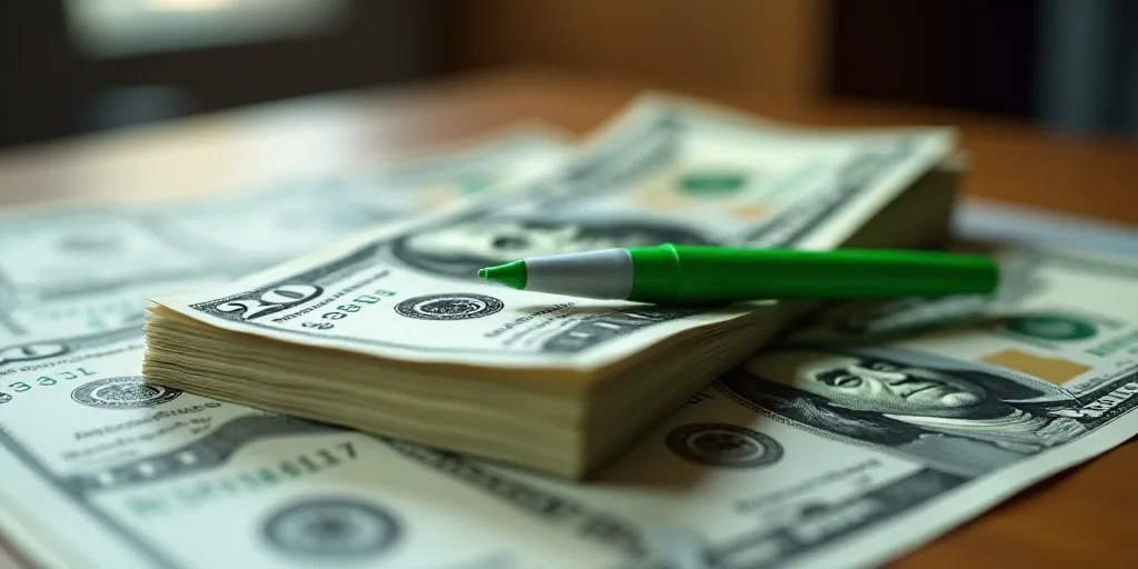 a stack of twenty dollar bills sitting on top of each other on a table with a green marker on it, Be