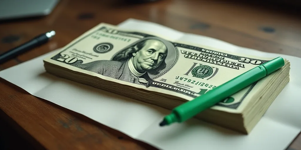 a stack of twenty dollar bills sitting on top of each other on a table with a green marker on it, Be