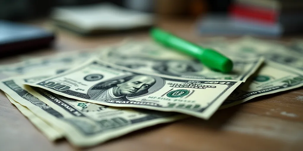 a stack of twenty dollar bills sitting on top of each other on a table with a green marker on it, Be
