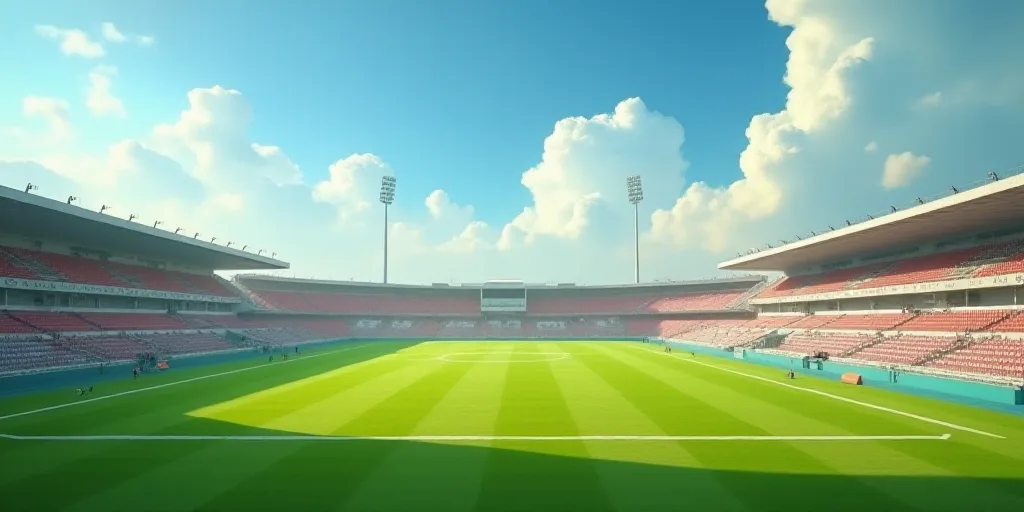 a stadium with a large green field and a sky background with clouds in the sky and a few people on t