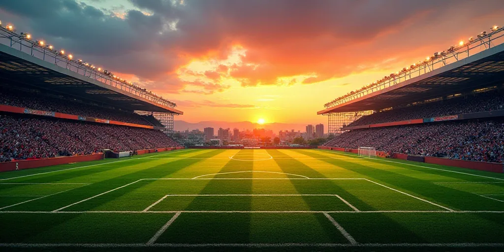 a stadium with a sunset in the background and a city in the foreground with a soccer field in the mi