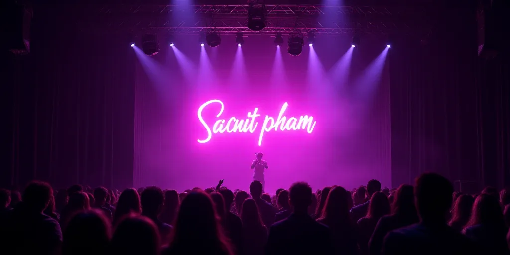 a stage with a neon sign and a crowd of people watching it on a stage with a purple curtain, Avgust