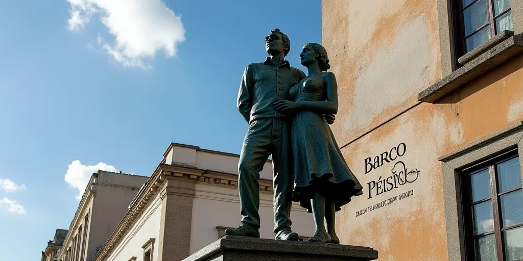 a statue of a man and a woman on a building with a sign that says barco pesico, Carlos Francisco Cha