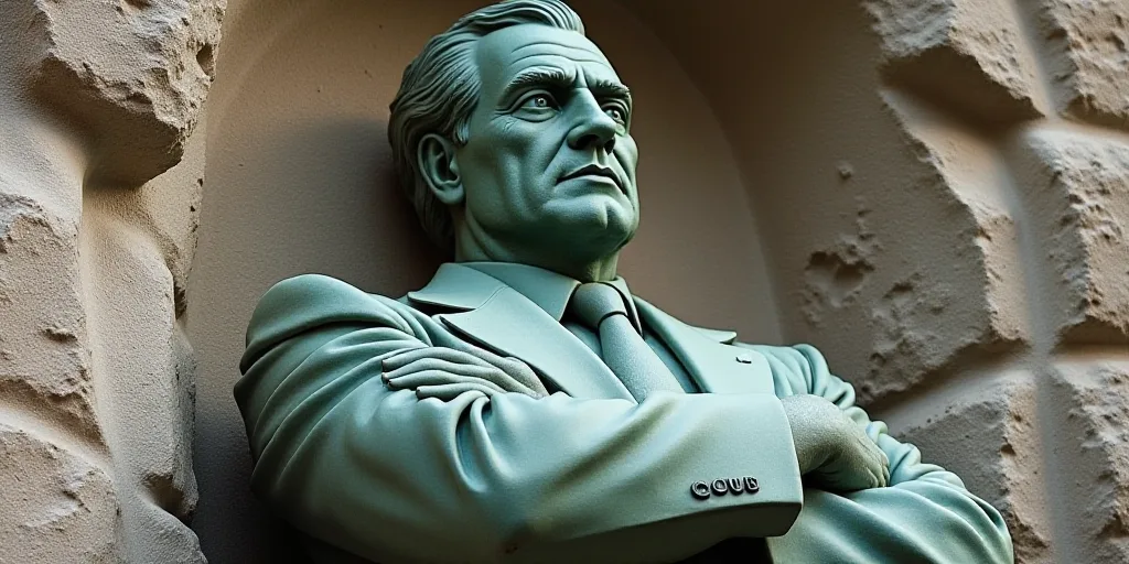 a statue of a man in a suit and tie with his arms crossed in front of a rock wall, Art Green, detail