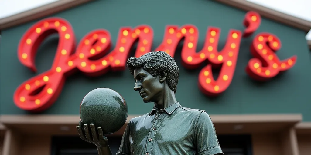 a statue of a person holding a ball and a star in front of a sign that says, jenny's, Eric Peterson,