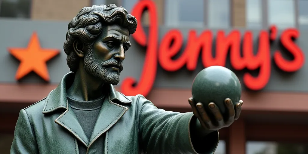 a statue of a person holding a ball and a star in front of a sign that says, jenny's, Eric Peterson,