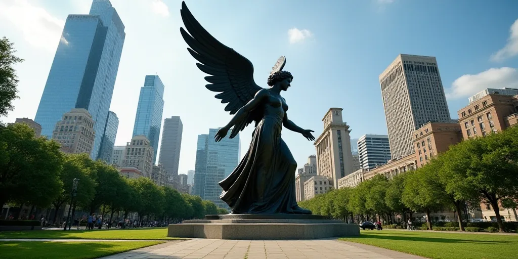 a statue of an angel in a city park with skyscrapers in the background, in a sunny day, David Alfaro