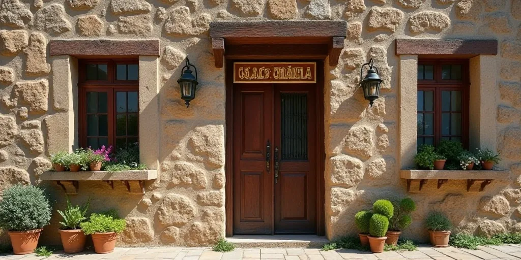 a stone building with a sign that says cas chavela on it and two lights on the outside, Carlos Catas