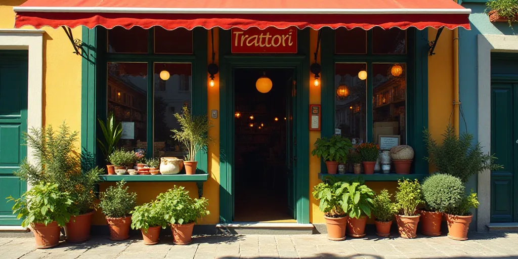 a store front with a bunch of plants growing on it's side door and a sign that says trattori, Doroth
