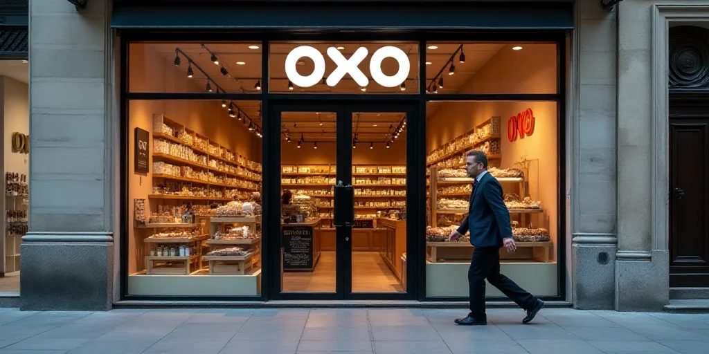 a store front with a sign for oxo on the front of it and a man walking by it, Aquirax Uno, good valu
