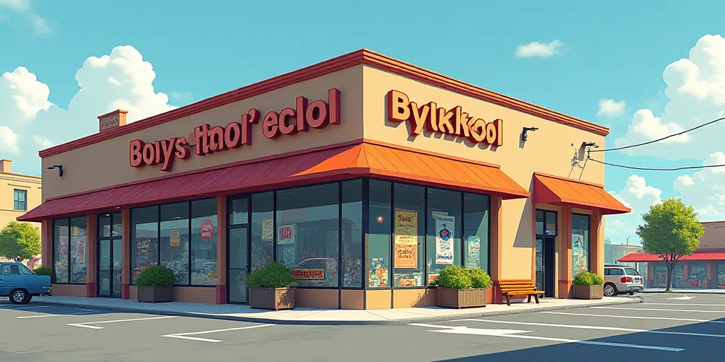 a store front with a sign that says boyk'kaool on it's side and a parking lot in front of it, Art &