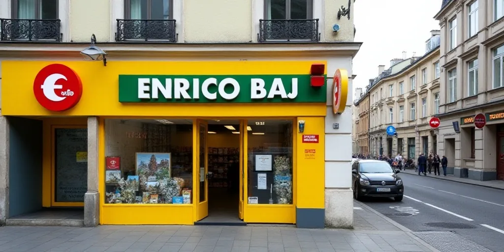 a store front with a yellow and white building and a red and green sign on the side of the building,