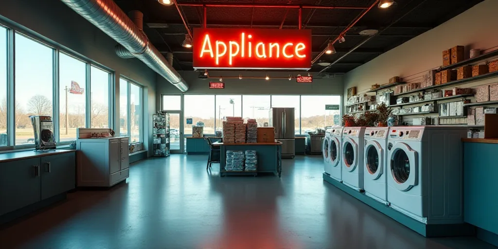 a store with a washing machine and dryer in it's display area and a sign that says appliance, Doug O