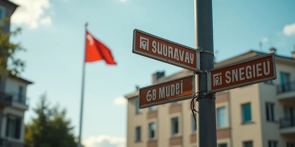 a street sign on a pole with a flag in the background of a building and a flag in the background, An