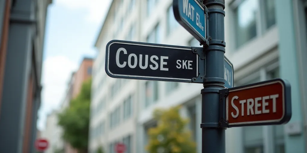 a street sign on a pole with a building in the background and a building in the background with a wa