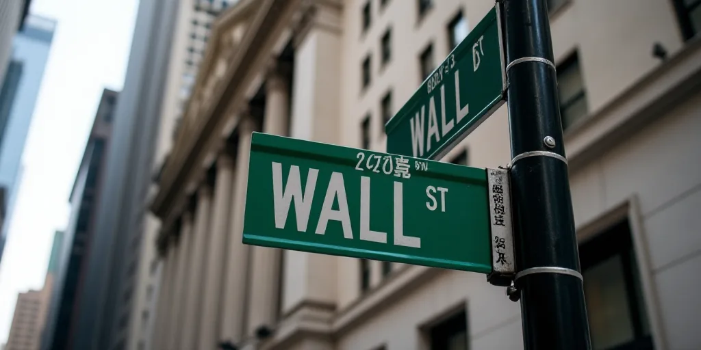 a street sign that is on the side of a building that says wall street and new york stock exchange, A