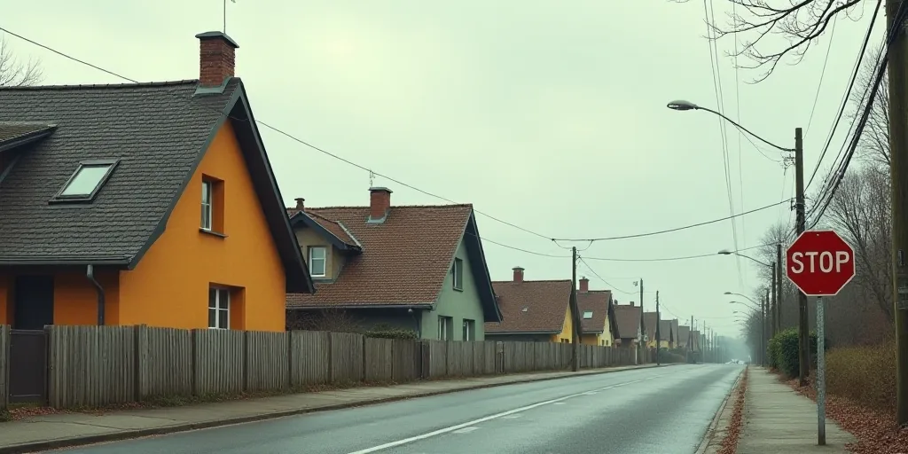 a street with a stop sign and a row of houses on the side of the road with a cloudy sky, Enguerrand