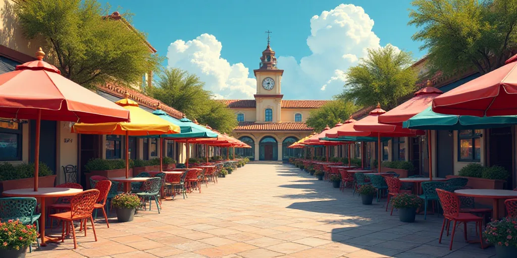 a street with tables and umbrellas on both sides of it and a building with a clock tower in the back
