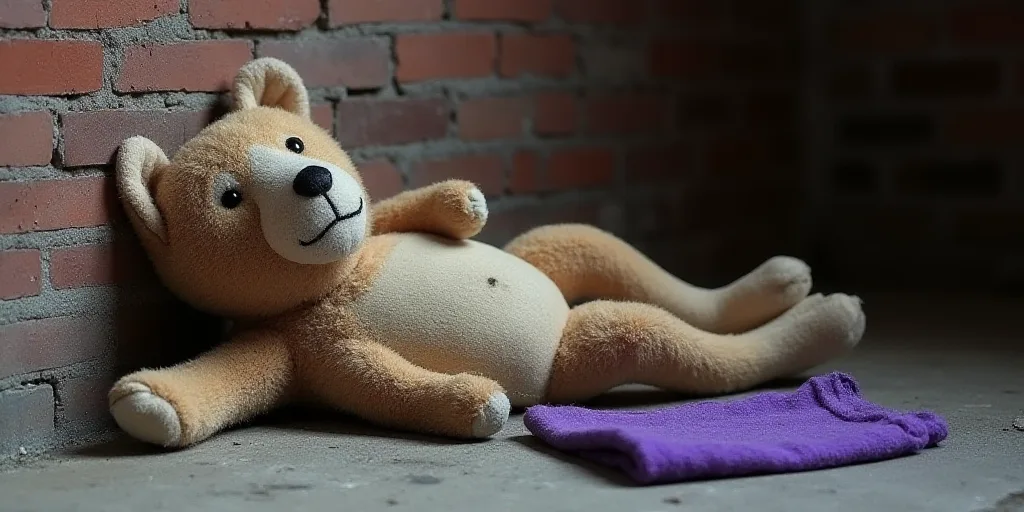 a stuffed animal laying on the ground next to a brick wall and a purple cloth on the ground next to