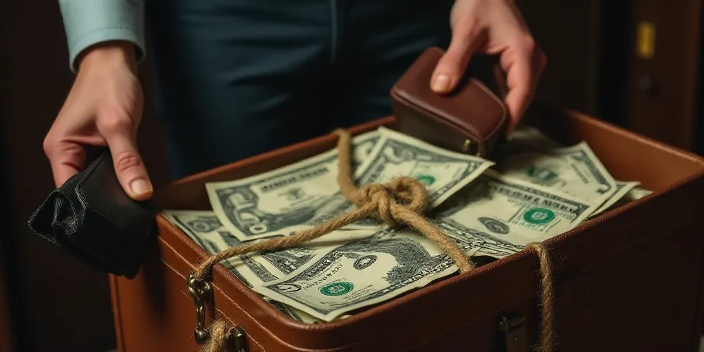 a suitcase with money tied to a rope with a rope holding it in it and a person holding a wallet, Cha