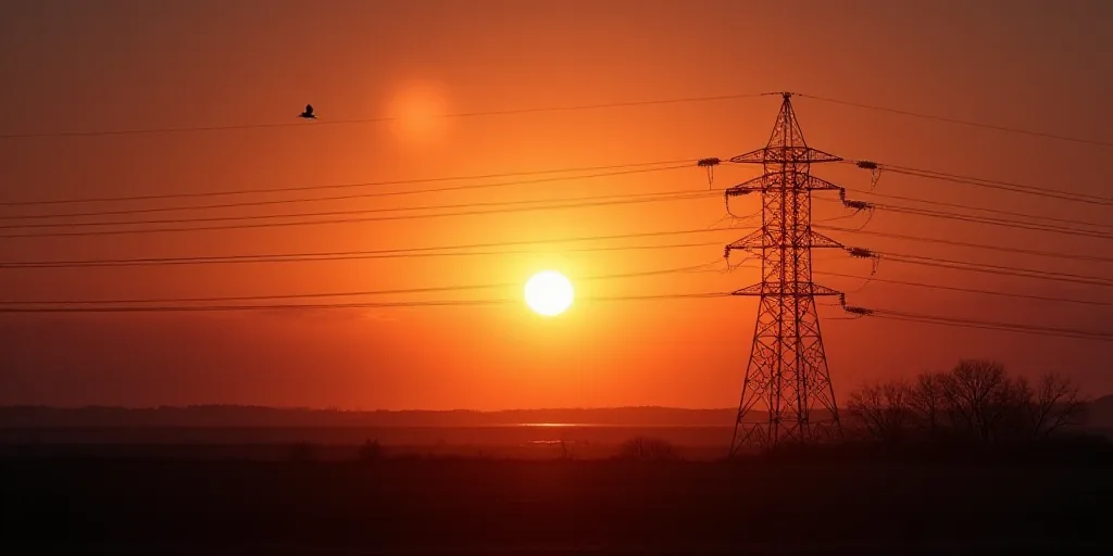 a sun setting behind a line of power lines with a circle of power lines in the foreground and a bird