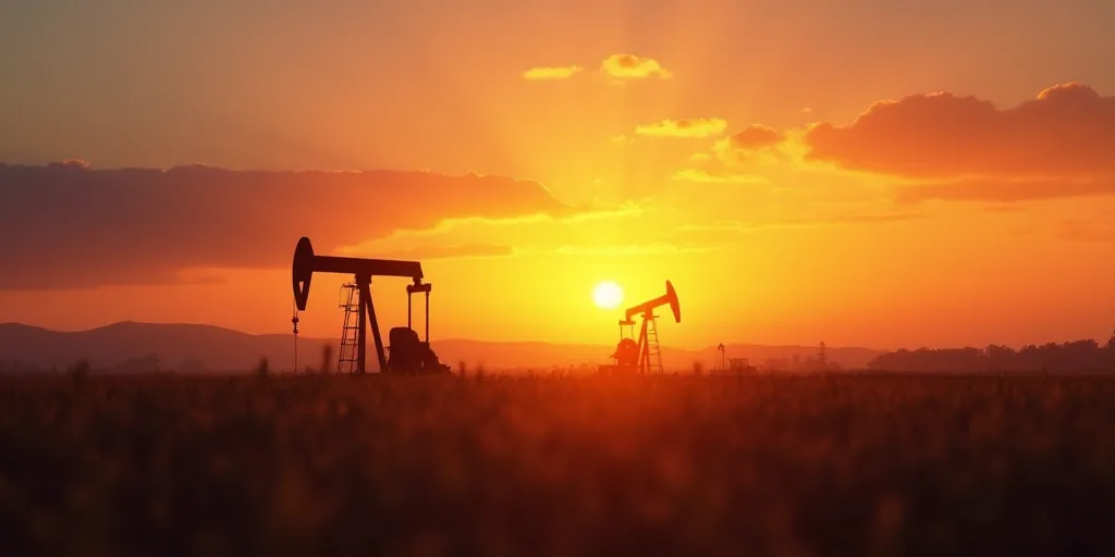 a sunset view of oil pumps in the middle of a field with the sun setting in the background and a few