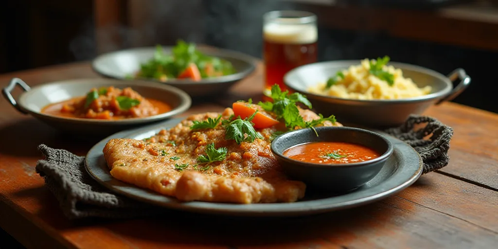 a table topped with plates of food and bowls of soup and stews and sauces on top of a metal tray, Ce
