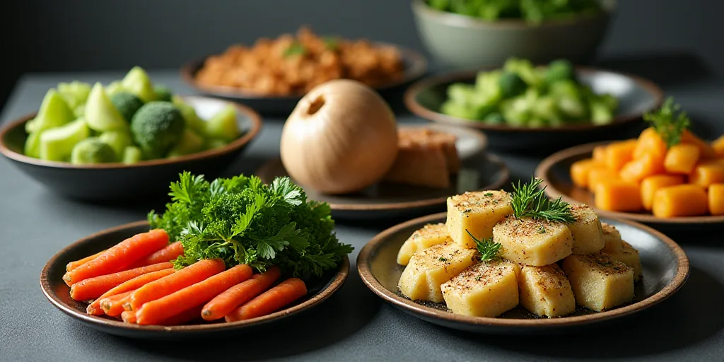 a table topped with plates of food and vegetables next to a bowl of broccoli and a bowl of fruit, É