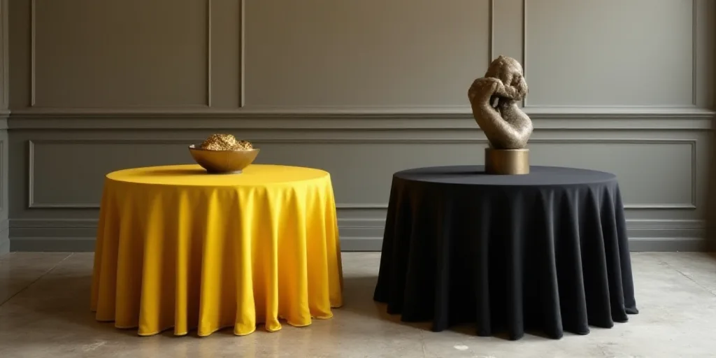 a table with a black table cloth and a yellow table cloth on it and a black table with a black table